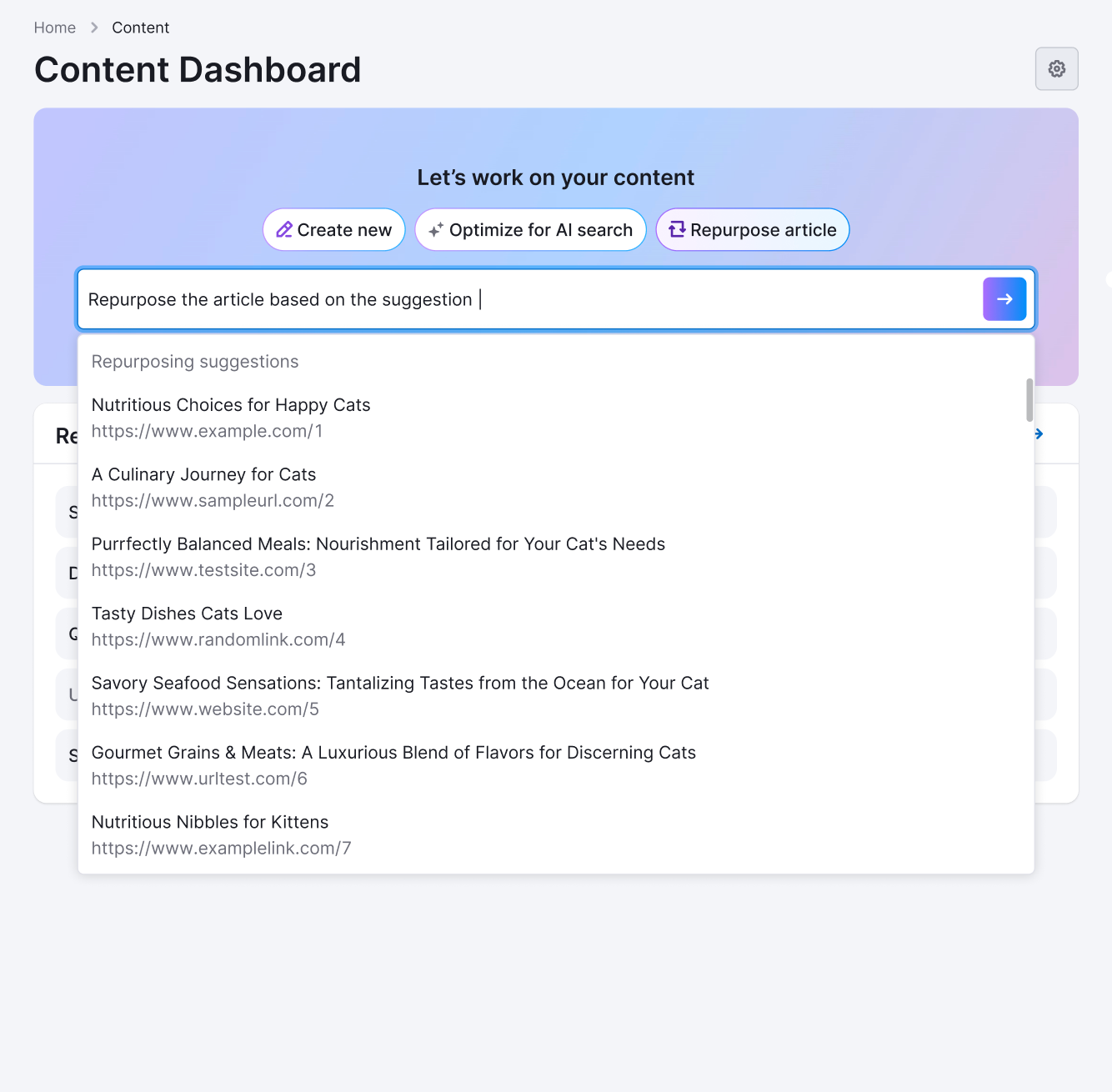 Options for source content in the &ldquo;Repurpose article&rdquo; workflow.