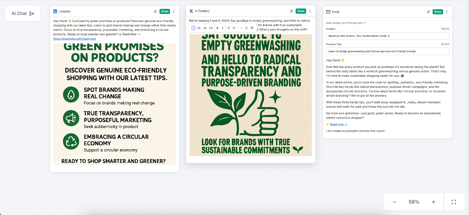 Cards labeled LinkedIn, Twitter, and Email in the &ldquo;Repurpose article&rdquo; workflow.