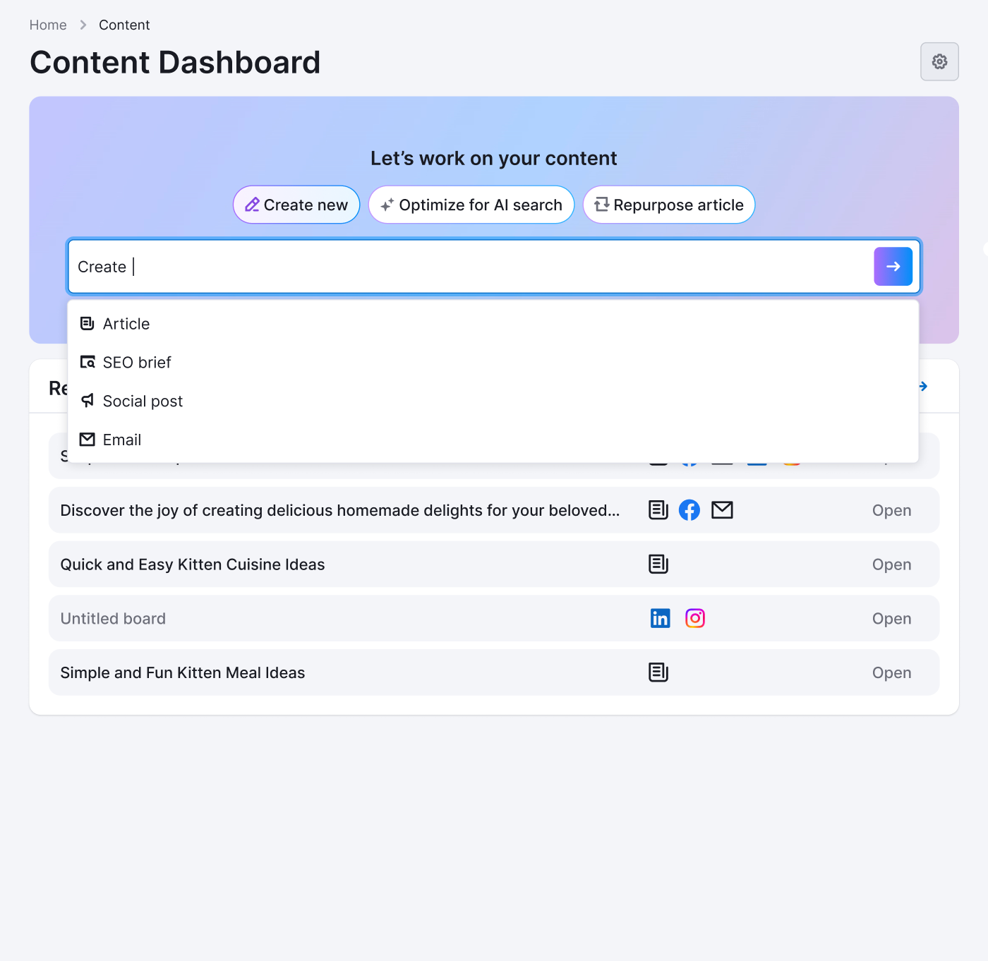 Content type options for the &ldquo;create new&rdquo; workflow.